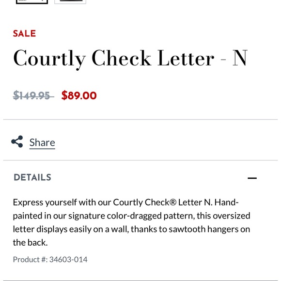 MACKENZIE CHILDS Courtly Check® XL - Letter N - NIB - Picture 5 of 5